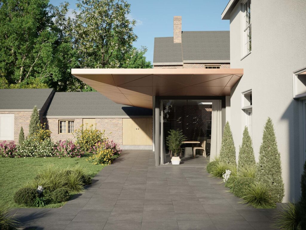 3D-Außenvisualisierung-Anbau-englisches-Landhaus-Indoor-Pool-Fitnesslodge-Garten-Terrasse
