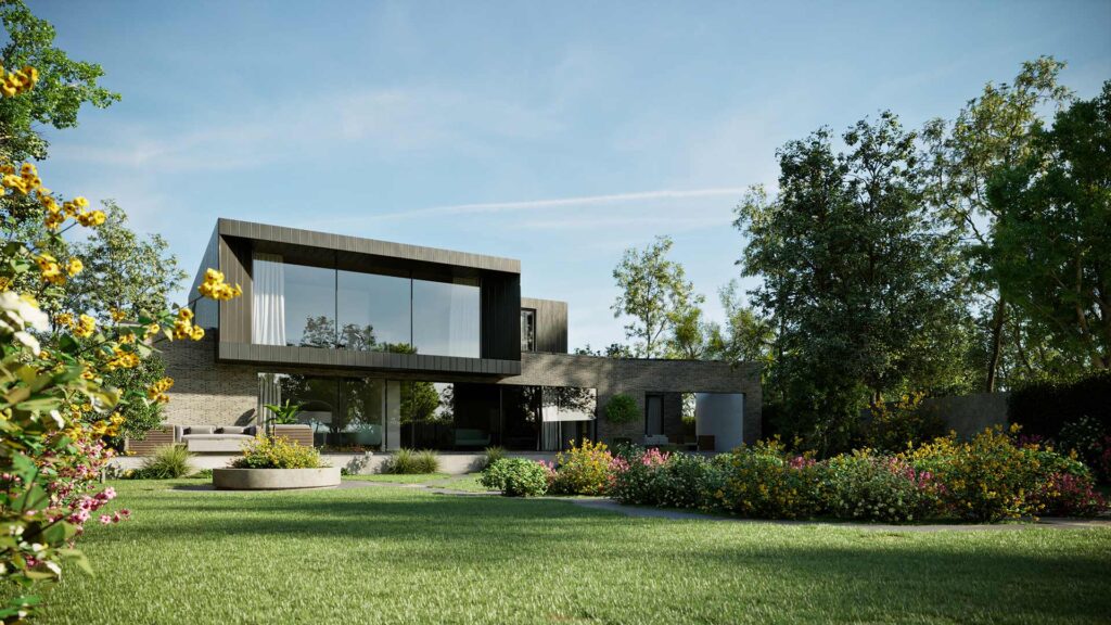 3D-Aussenvisualisierung-Moderne-Villa-England-Terrassenansicht