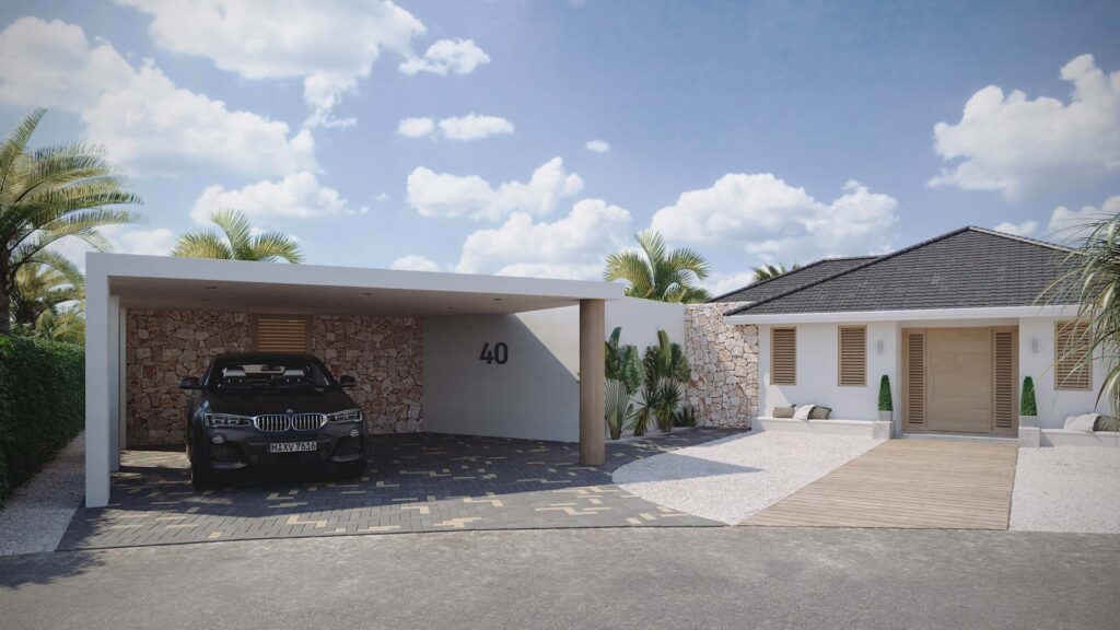 3D-Aussenvisualisierung-tropischen-Luxurioese-Villa-Engangsbereich-Curacao