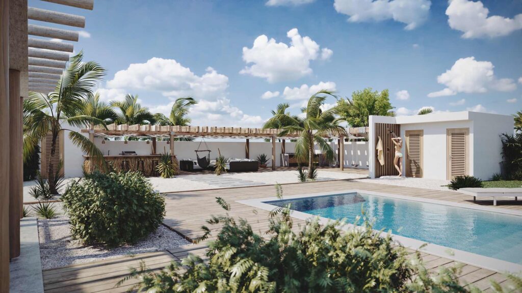 3D-Aussenvisualisierung-tropischen-Luxurioese-Villa-Pool-Outdoor-Dusche-Curacao