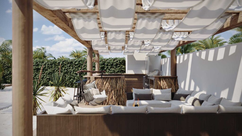 3D-Aussenvisualisierung-tropischen-Luxurioese-Villa-Sitzbereich-Bar-Pergola-Curacao