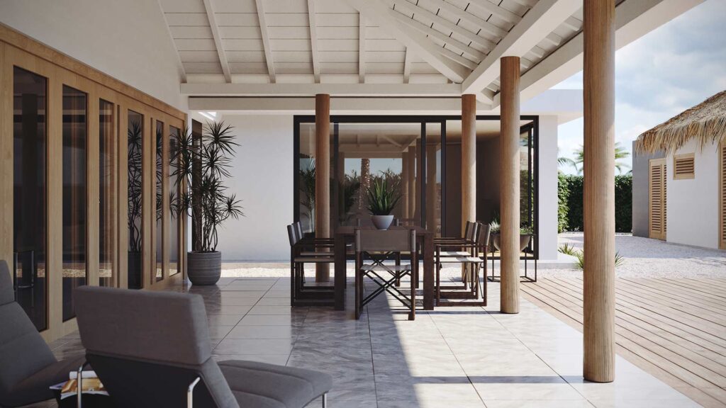 3D-Aussenvisualisierung-tropischen-Luxurioese-Villa-Sitzbereich-Curacao