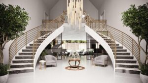 3D-Innenvisualisierung-Luxurioese-Moderne-Villa-Eingangsbereich-England