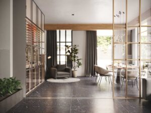 3D-Innenvisualisierung-Luxurioese-Moderne-Villa-Esszimmer-Weinregale-England