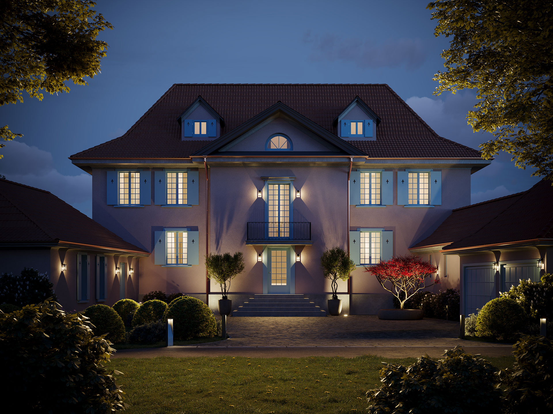 3d-aussenvisualisierung-klassisches-haus-moderne-erweiterung-abendx 3D Außenvisualisierung klassisches Haus mit moderner Erweiterung – Abendvisualisierung