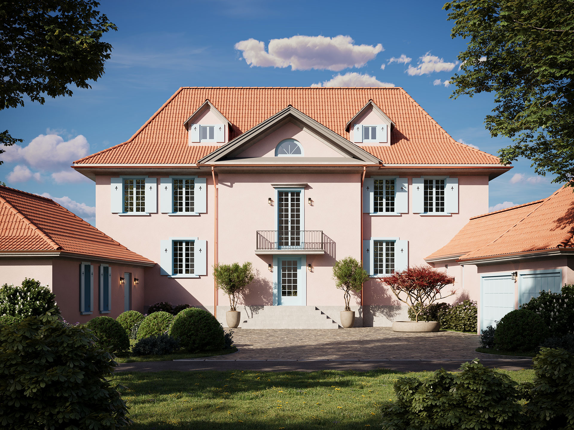 3d-aussenvisualisierung-klassisches-haus-moderne-erweiterung-tag 3D Außenvisualisierung klassisches Haus mit moderner Erweiterung – Tagansicht