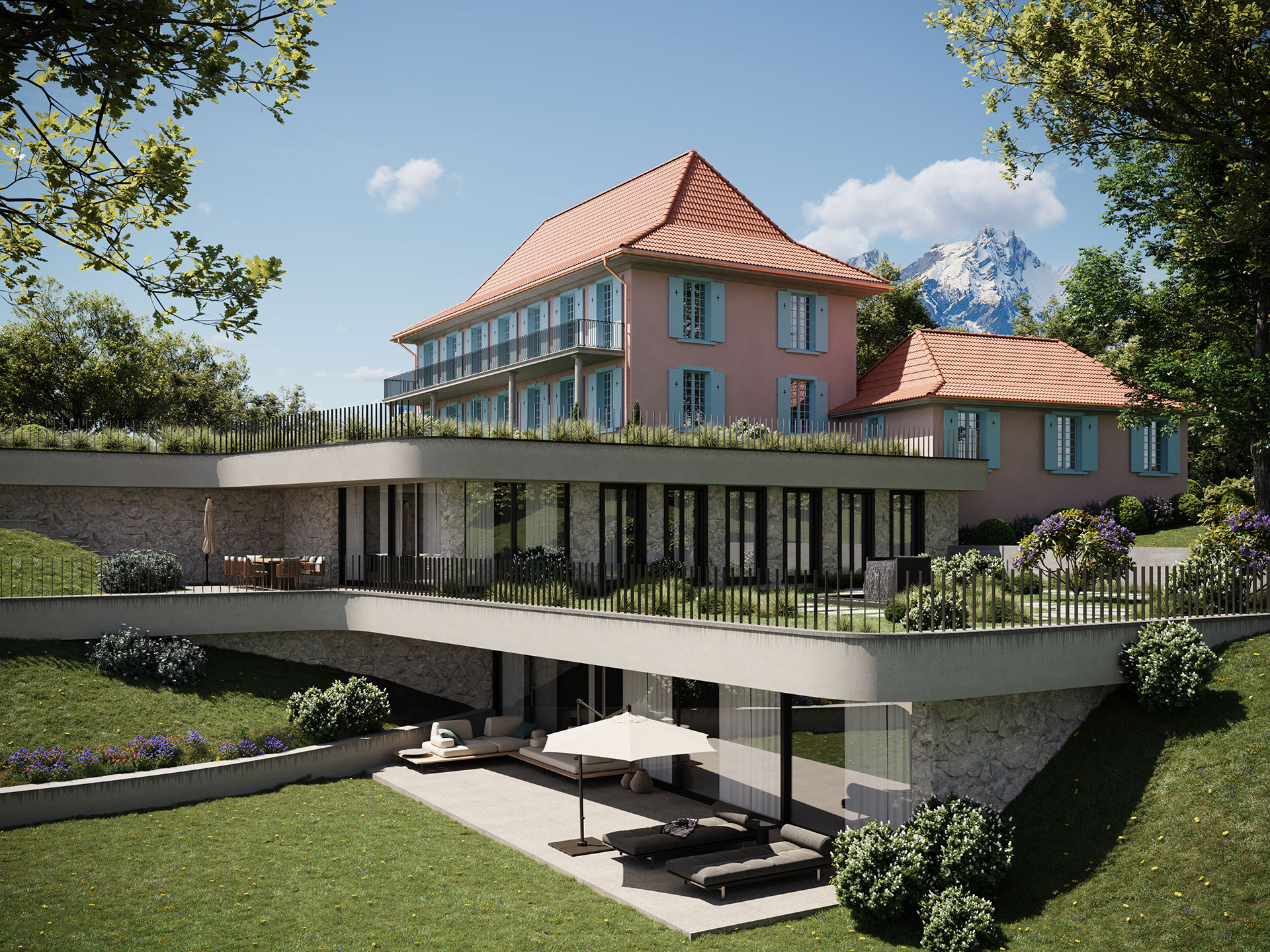 3d-aussenvisualisierung-moderne-erweiterung-klassisches-haus 3D Rendering moderne Erweiterung eines klassischen Hauses – Außenansicht