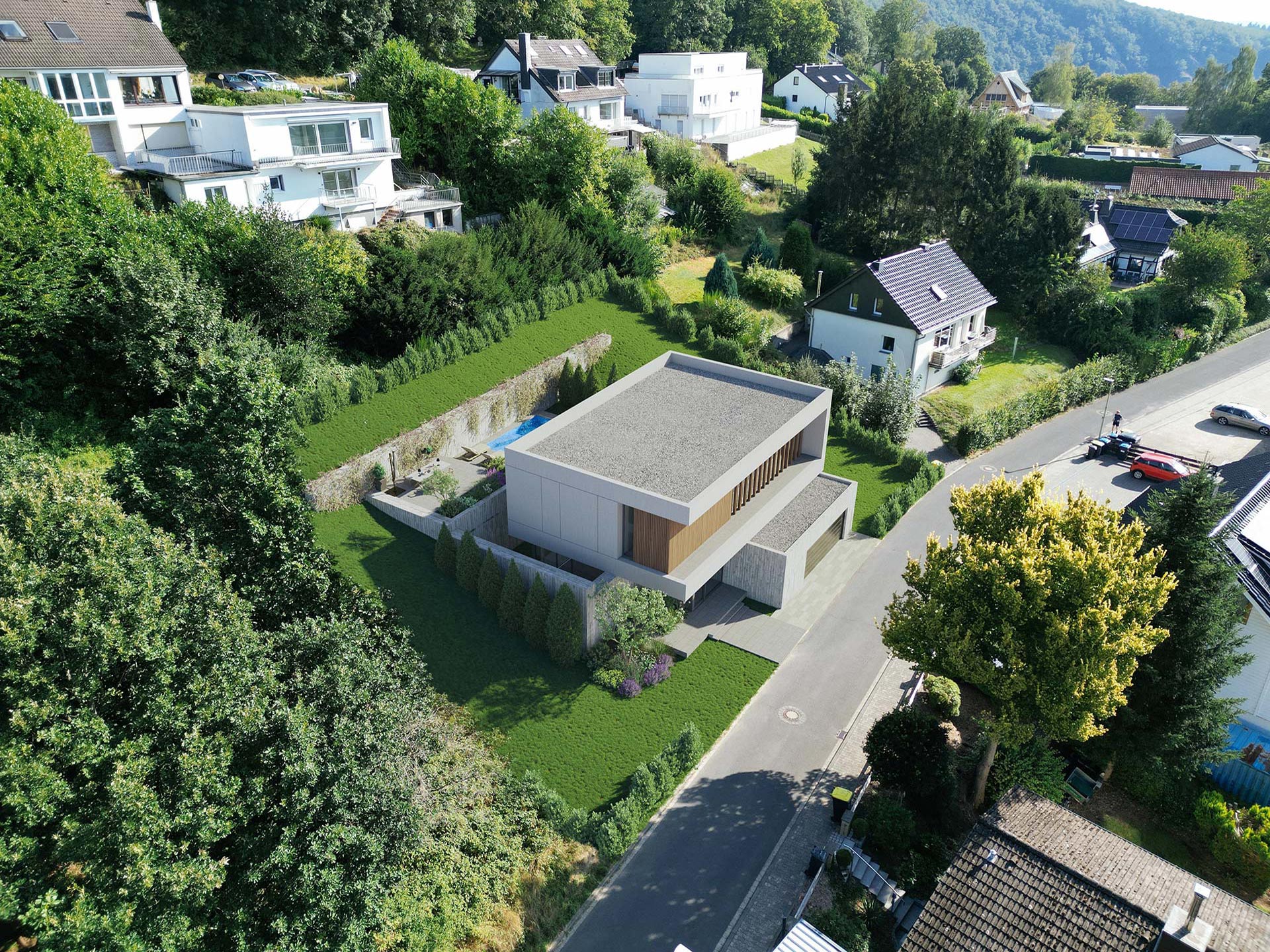 Fotomontage mit 3D-Visualisierung auf Baugrundstück zur Präsentation für potenzielle Käufer