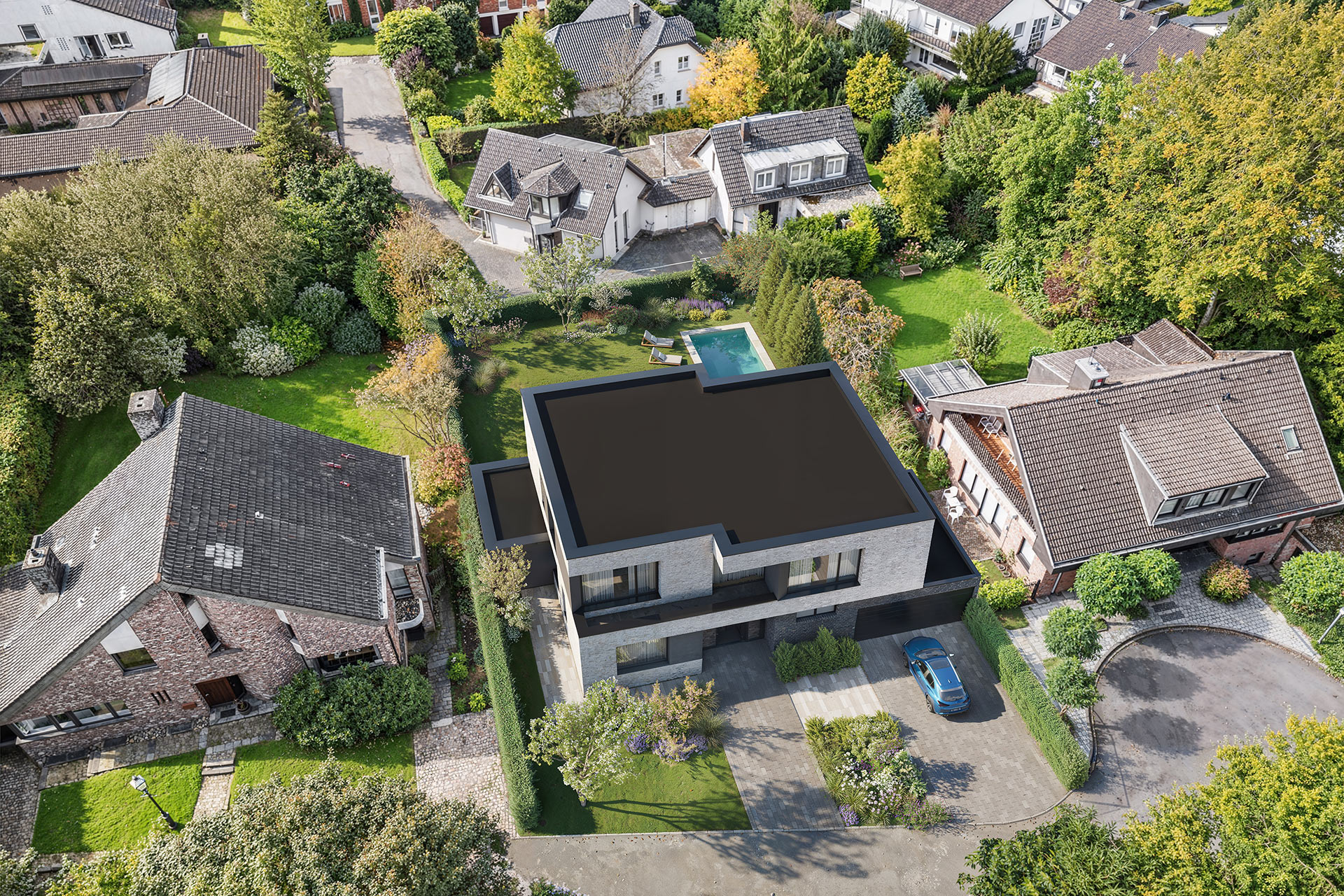 3D-Visualisierung eines geplanten Gebäudes auf Drohnenfoto für ein Baugrundstück