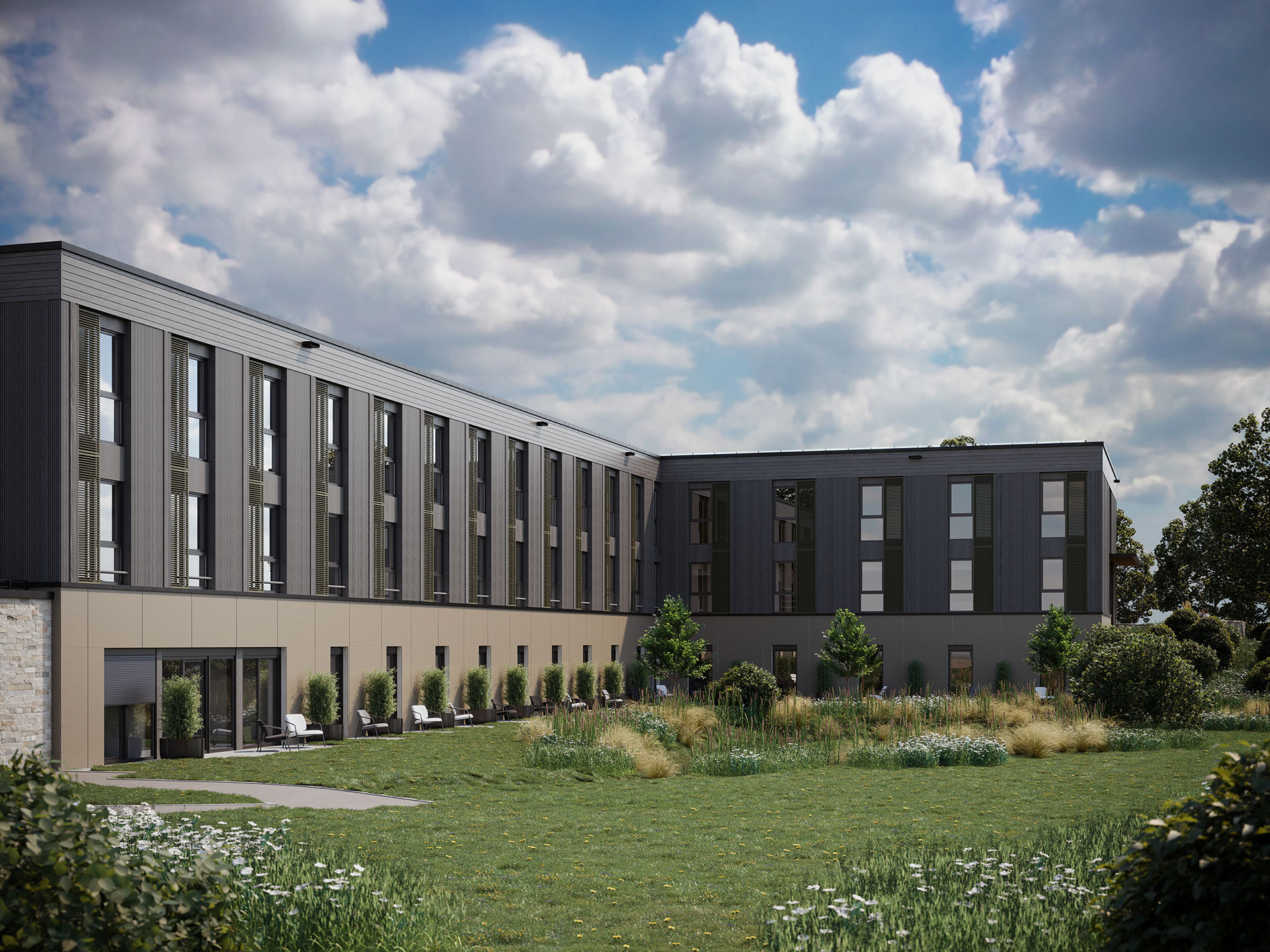 3D Visualisierung Hotel Xanten, realistische Rückansicht mit Gartenperspektive, gerendert für casademont architekten