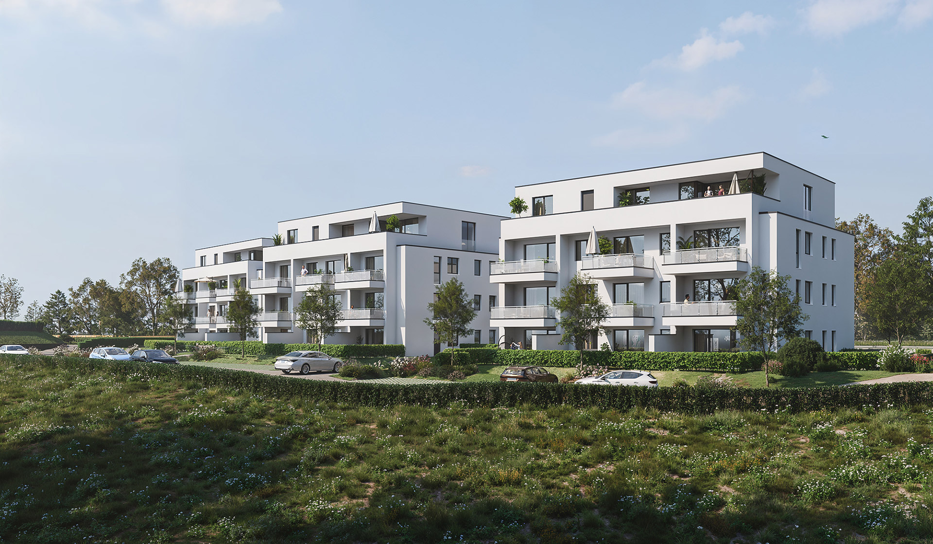 3d-visualisierung-mehrfamilienhaus-aachen-rueckansicht 3D-Visualisierung Mehrfamilienhaus Aachen, Rückansicht mit Parkplätzen, Terrassen und Balkonen