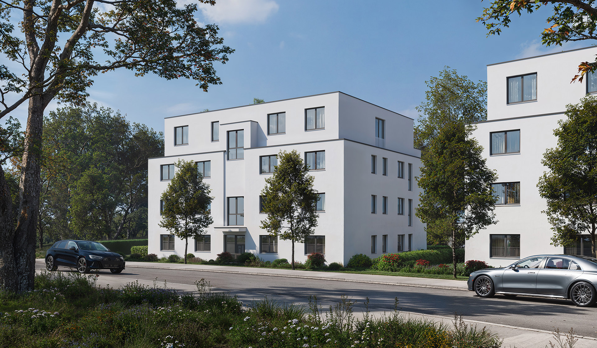 3d-visualisierung-mehrfamilienhaus-aachen-strassenansicht-2 3D-Visualisierung Mehrfamilienhaus Aachen, Nahaufnahme des Eingangsbereichs mit architektonischen Details