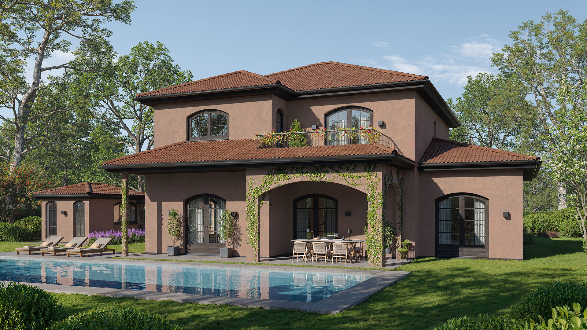 3D Visualisierung Villa Berlin, realistische Rückansicht mit Gartenperspektive, mediterraner Stil, gerendert für ein Hausbauunternehmen