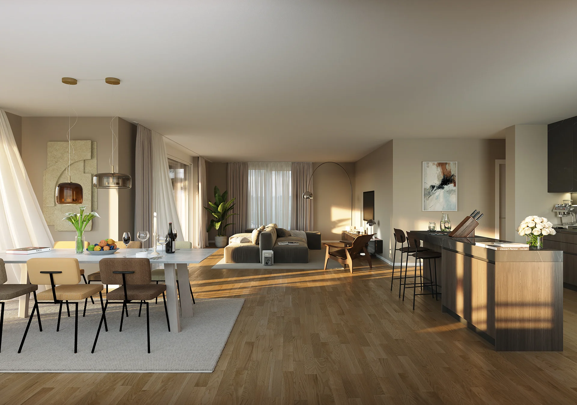 3D Visualisierung Neubau Wohnküche mit Essbereich und Wohnzimmer