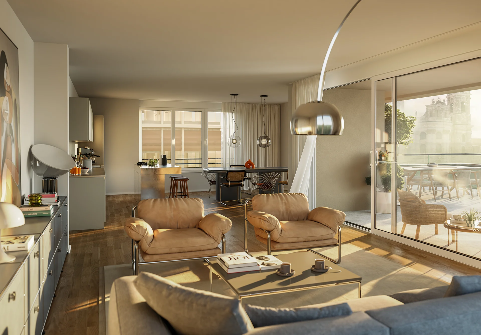 3D Visualisierung Neubau Wohnküche mit Essbereich und Wohnzimmer
