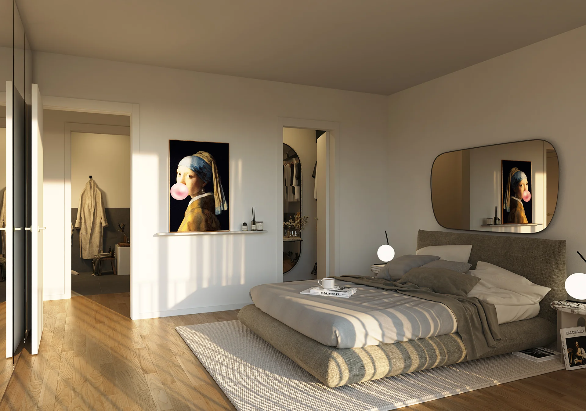 3D Visualisierung Neubau Schlafzimmer mit hochwertiger Einrichtung
