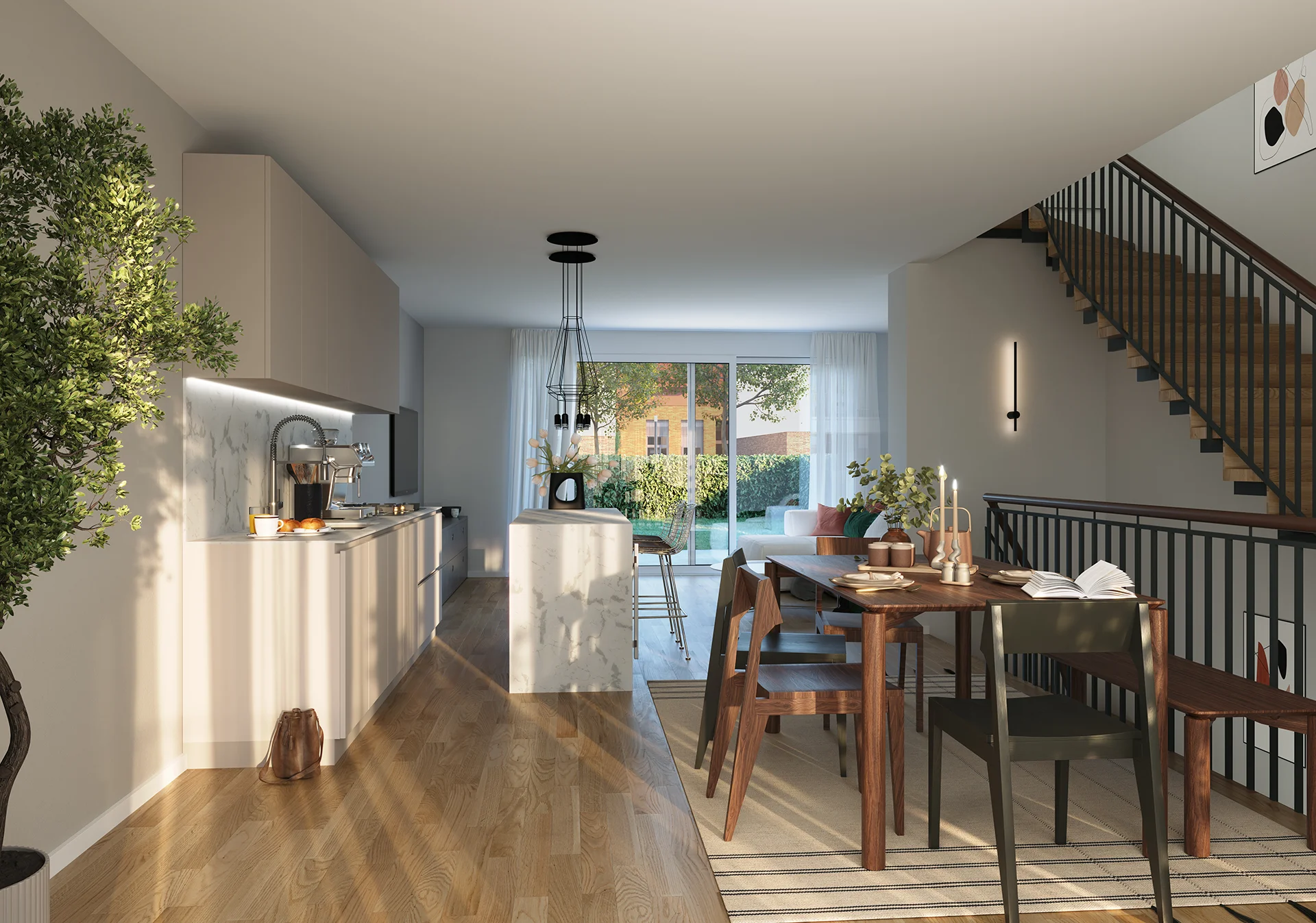 3D Visualisierung Neubau Treppenhaus mit Essbereich