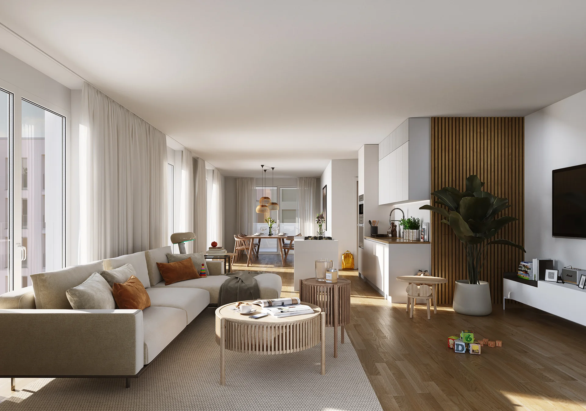3D Visualisierung Neubau Wohnzimmer mit natürlichen Materialien