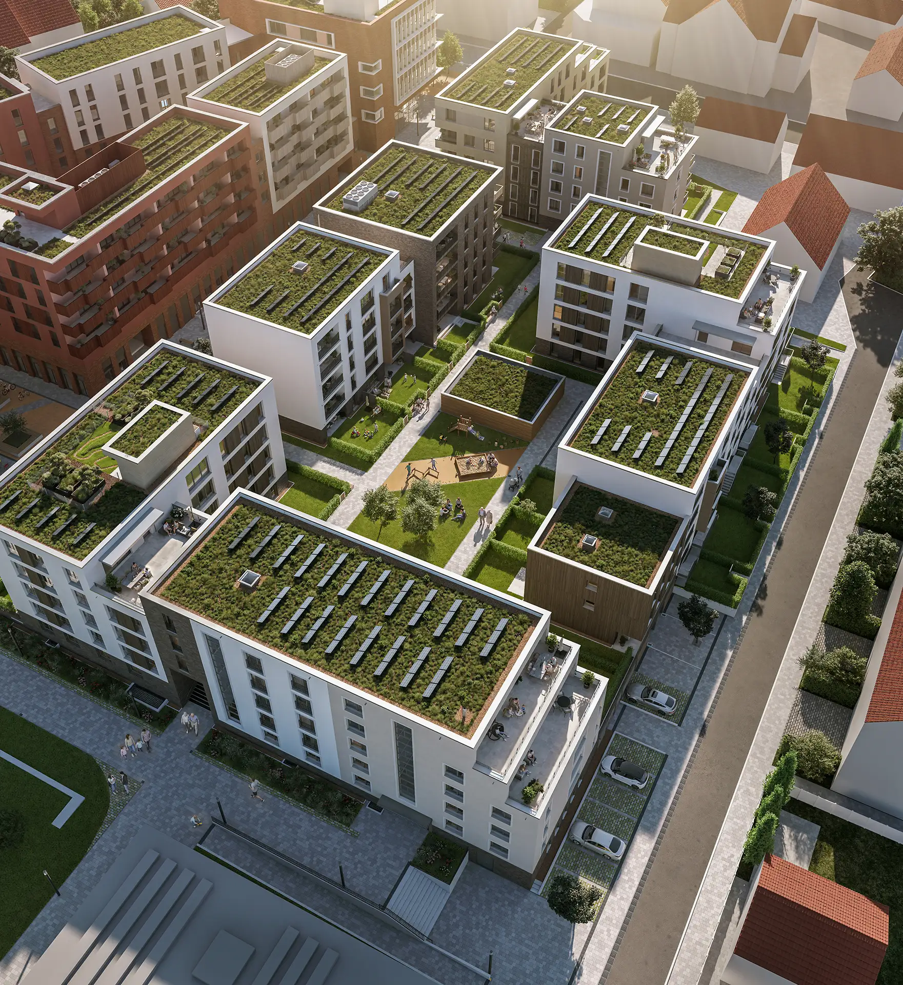 3D Visualisierung Neubau Wohnquartier, Luftaufnahme der Außenansicht