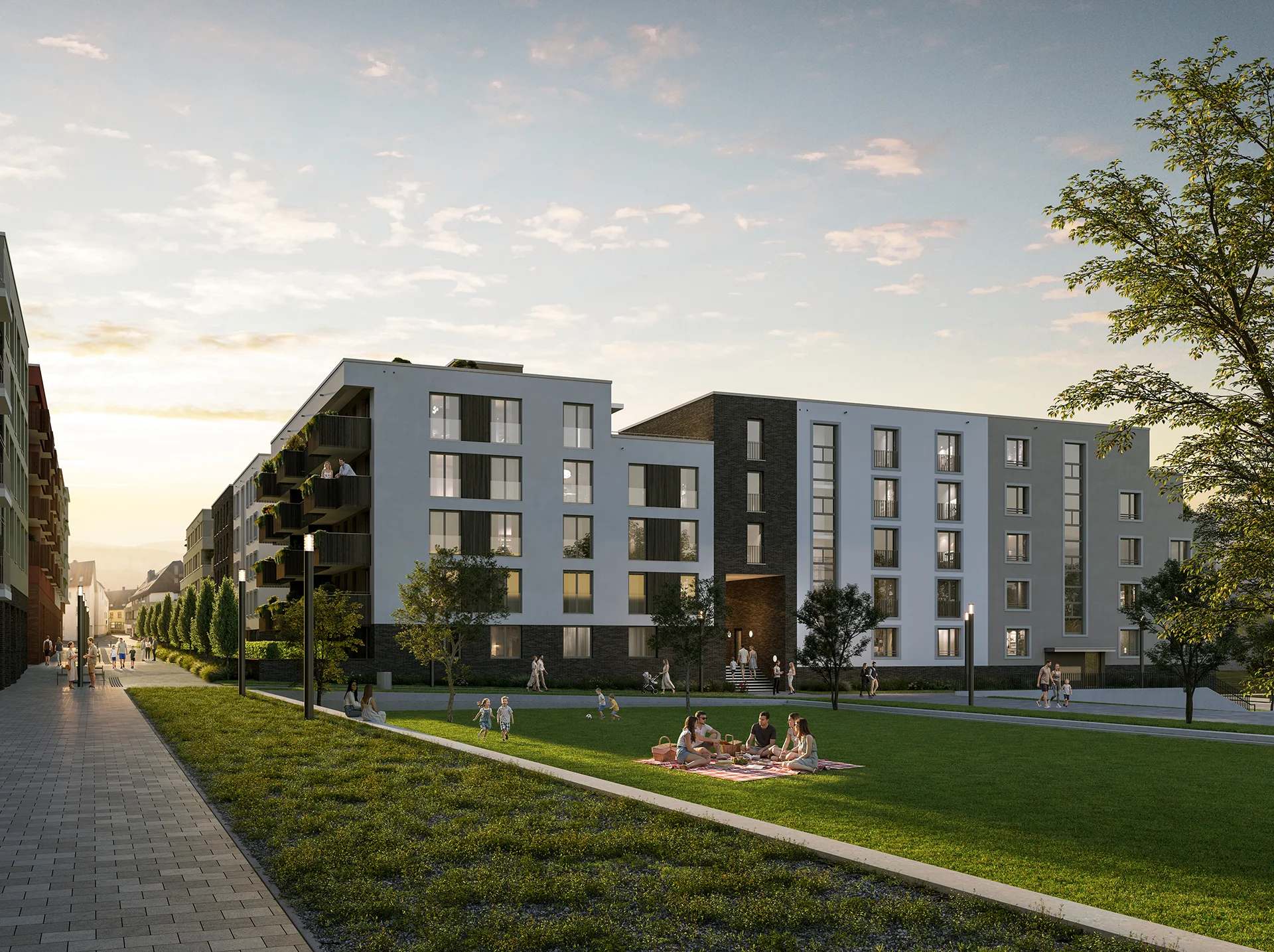 3D Visualisierung Neubau Wohnquartier, Boulevard mit Allee im Abendlicht