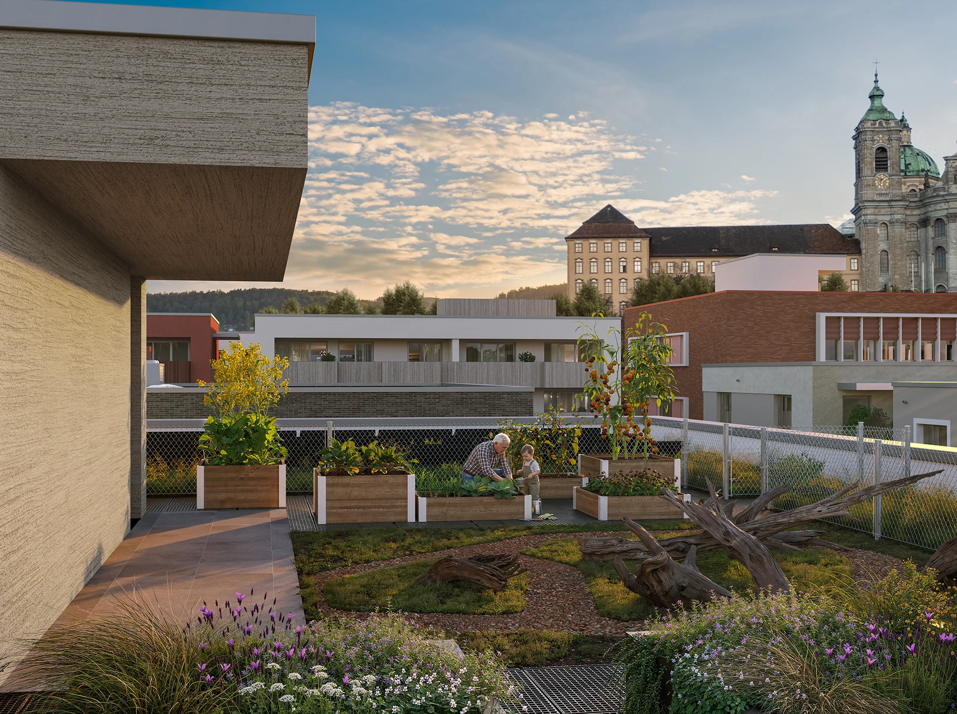 3D Visualisierung Neubau Wohnquartier, Dachterrasse mit Gemüsegarten und Kirchenblick