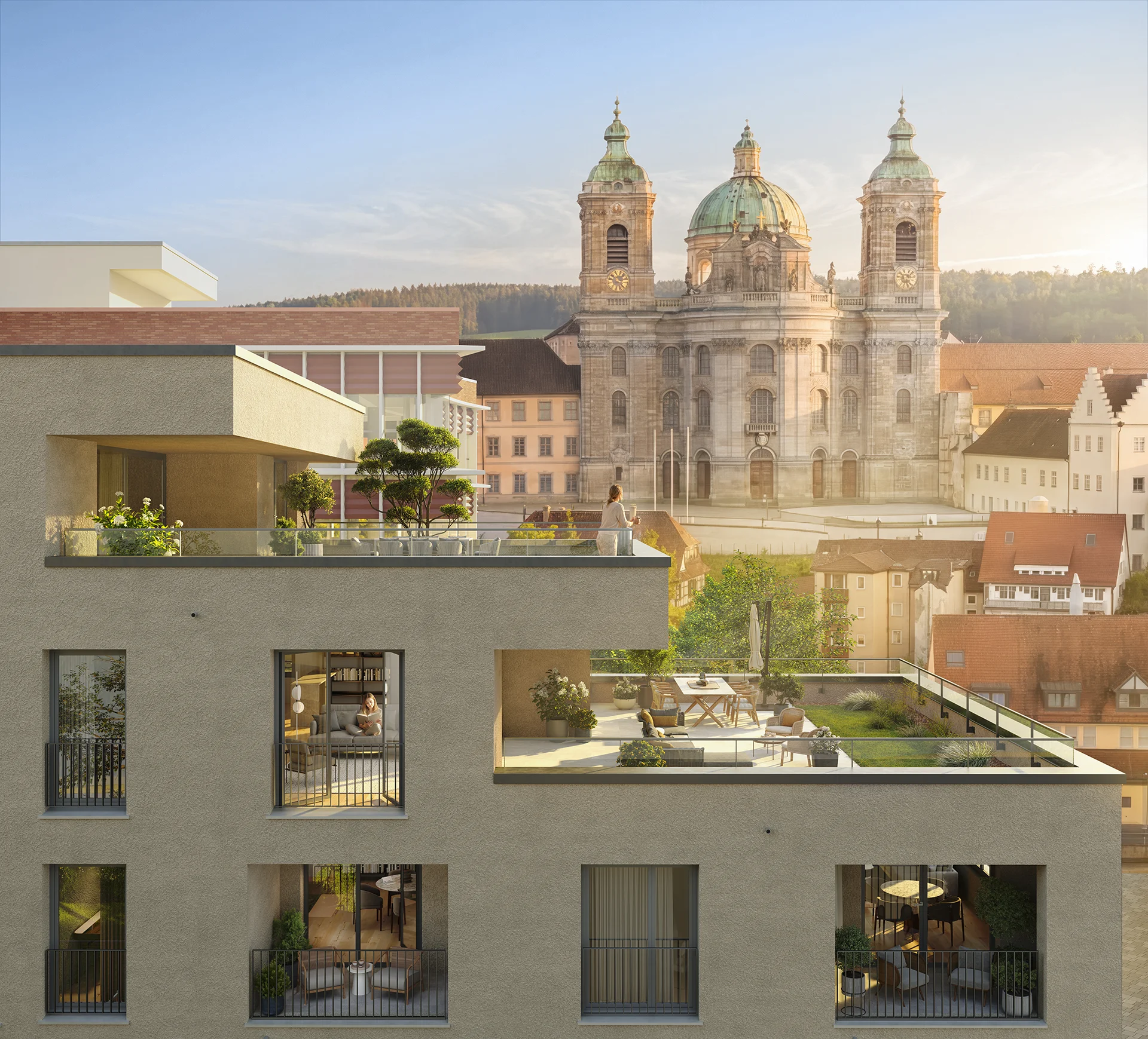 3D Visualisierung Neubau Wohnquartier, Dachterrasse mit Blick auf historische Kirche