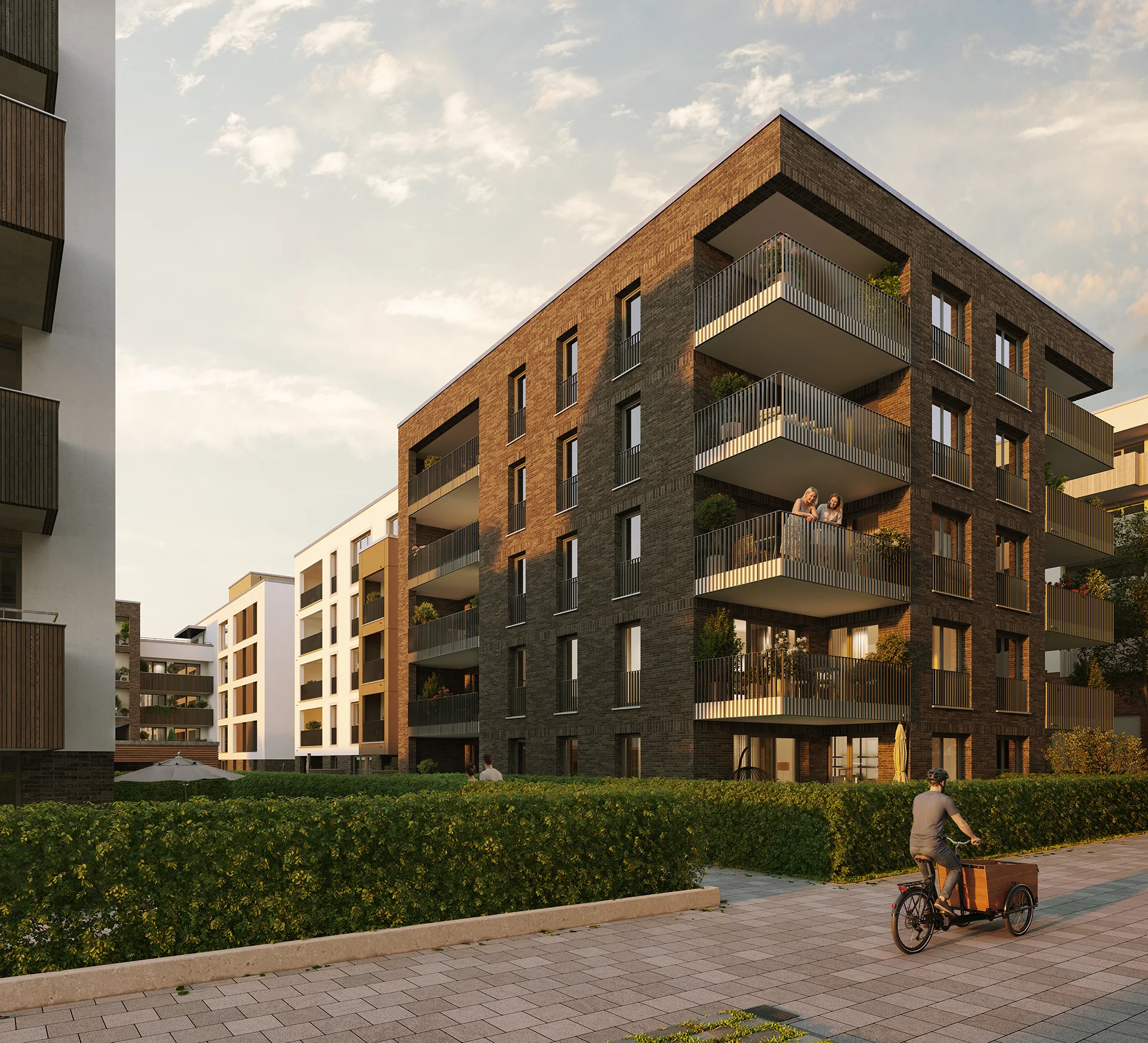3D Visualisierung Neubau Wohnquartier, Gebäudeansicht mit Balkonen