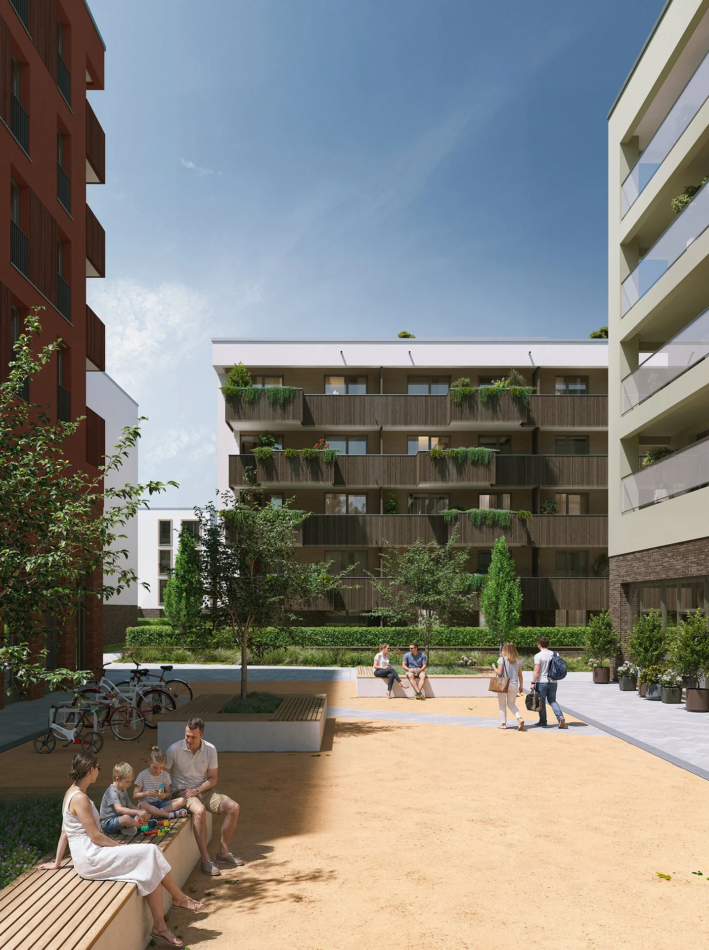 3D Visualisierung Neubau Wohnquartier, Innenhof mit Terrasse und Sitzbereich