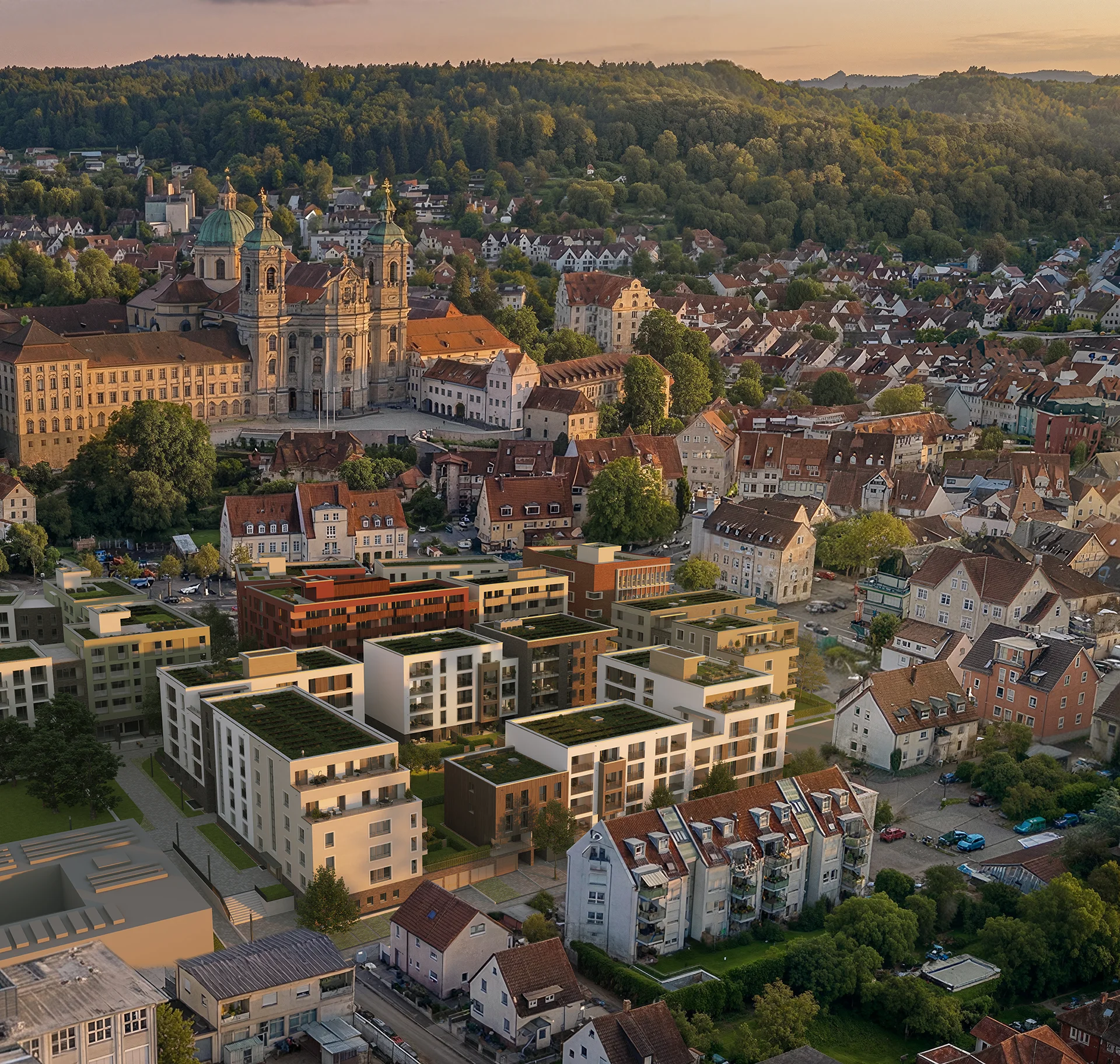 3D Visualisierung Neubau Wohnquartier, Luftaufnahme mit historischer Altstadt im Hintergrund