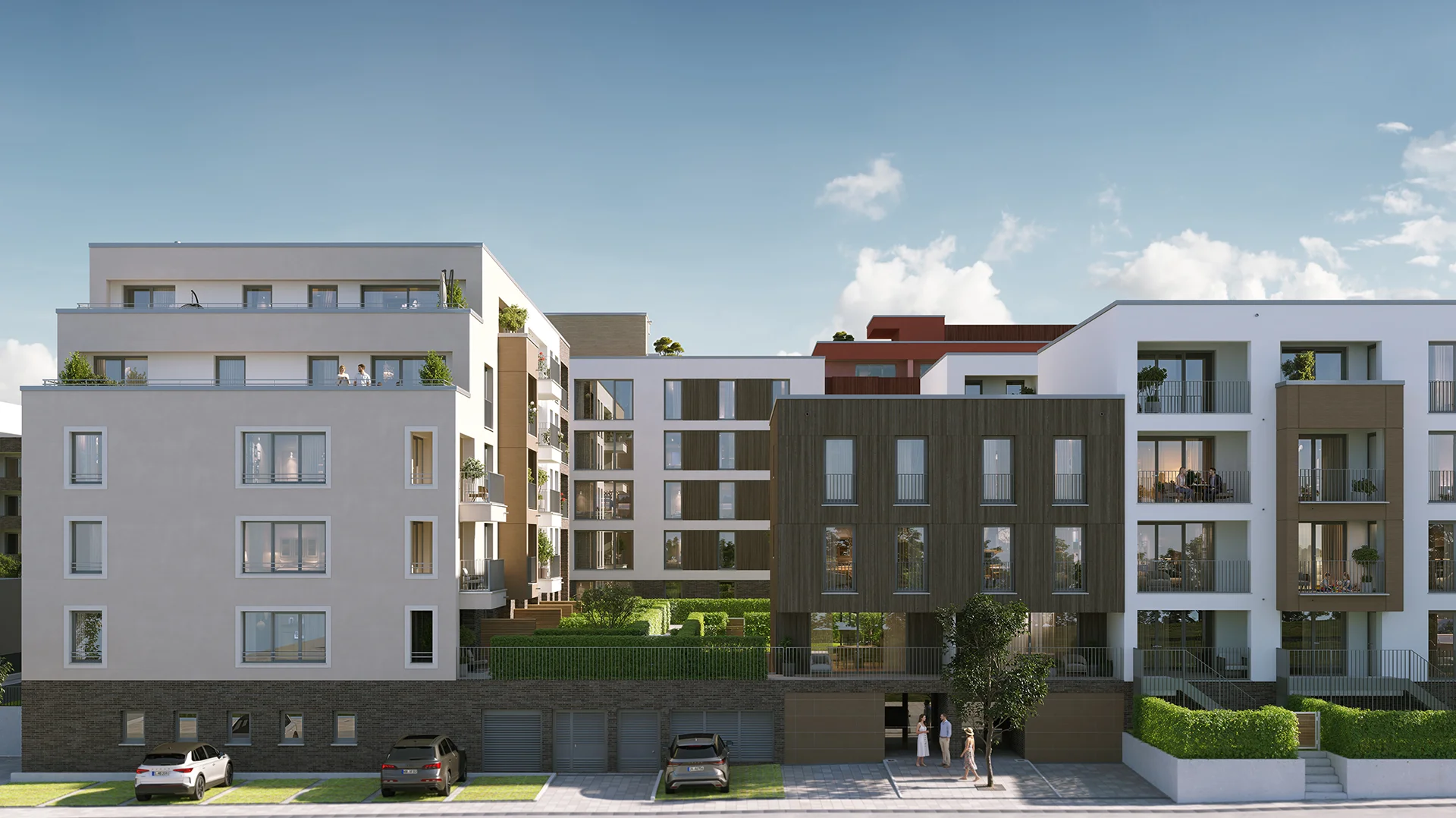 3D Visualisierung Neubau Wohnquartier, Straßenansicht mit modernen Gebäuden